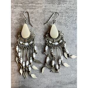 Los Angeles Antique Silver White Beaded Dangle Aztec Tassel Boho Earrings